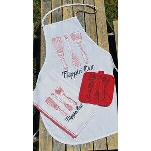 Flippin Out BBQ Grilling Father's Day Apron Kitchen Set Towel Pot Holder